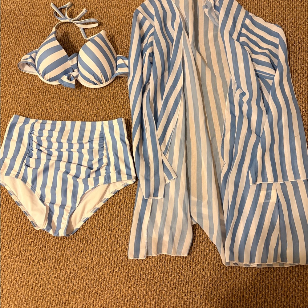 Blue and White Striped Women's Swim Set